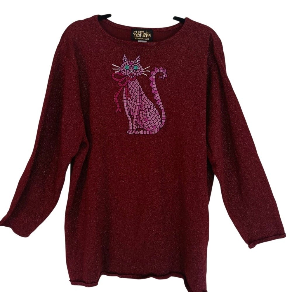 Bob Mackie Sweater Women 1X Burgundy Metallic Embroidered Cat Wearable Art